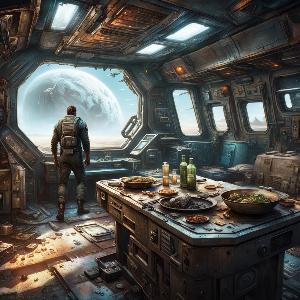 Hyperrealistic Starship Survivor in Living Quarters
