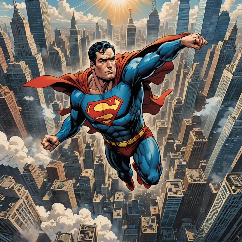 Superman Soaring Over Metropolis: Comic Book Art