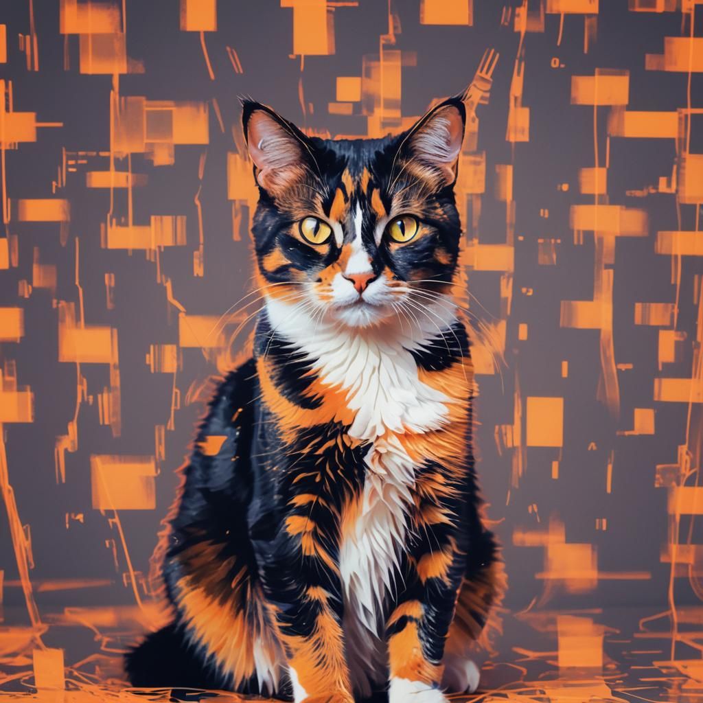 Glowed and glitched calico cat