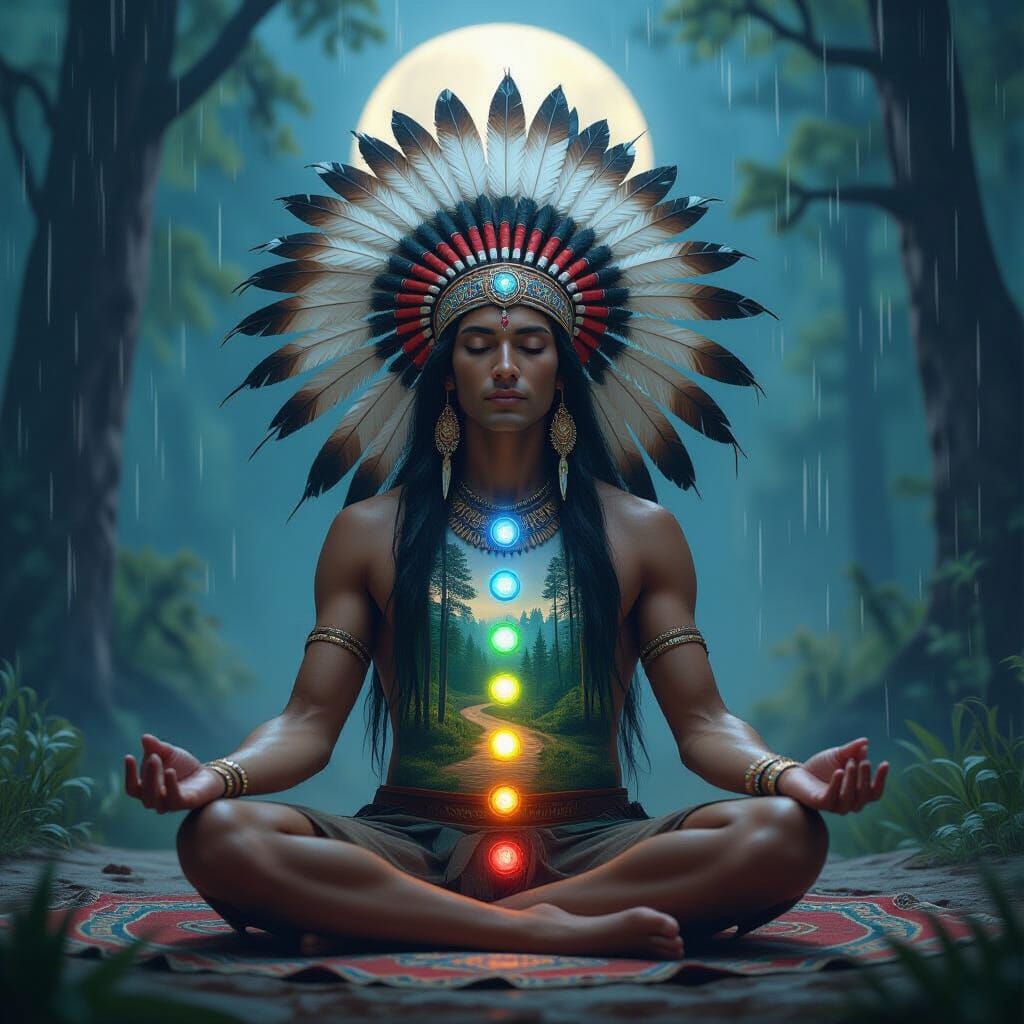 Mystical Figure Meditating with Forest Within, Moonlit Rain