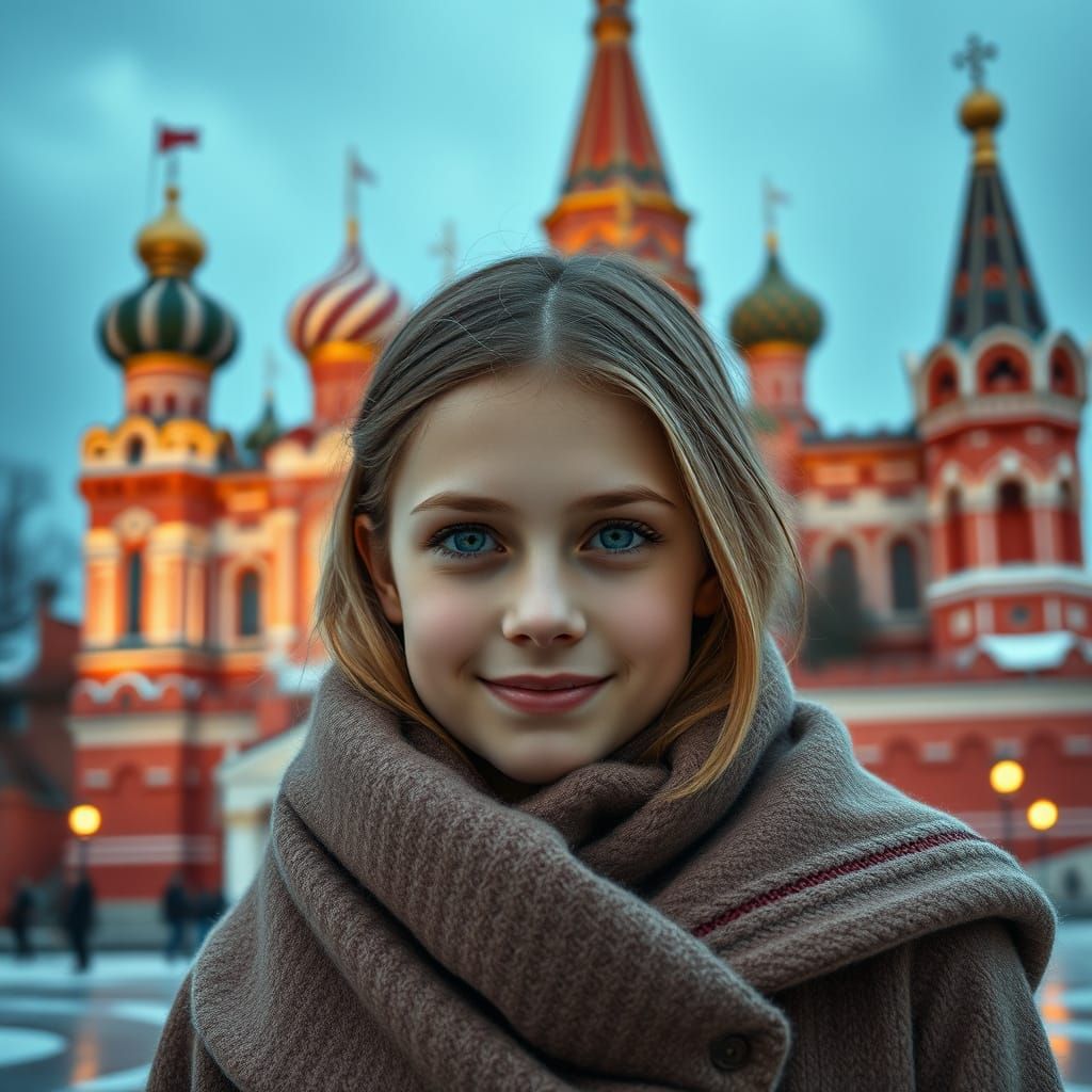 Majestic Kremlin Scene with Tender Russian Girl in Hyperreal...