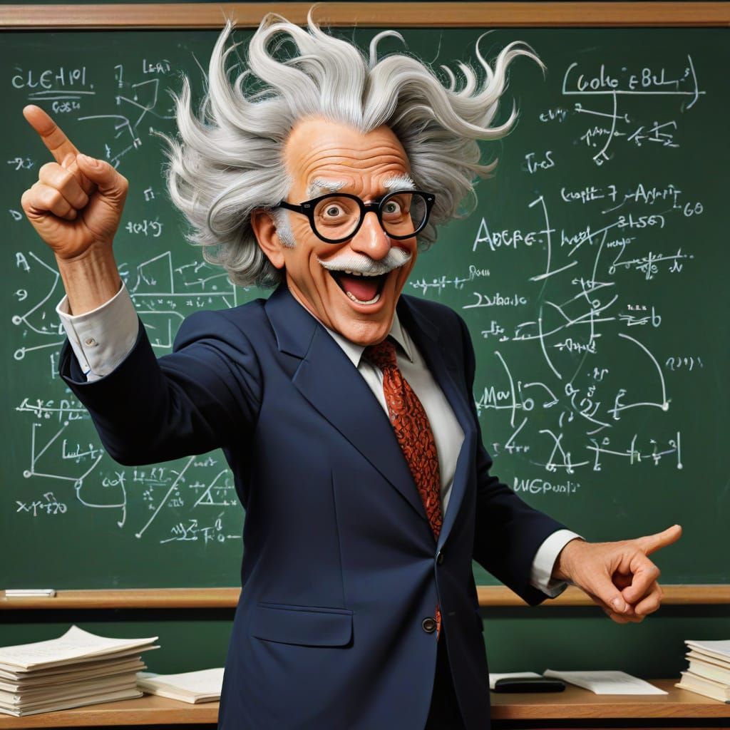Humorous Scientist Caricature with Wild Hair and Equations