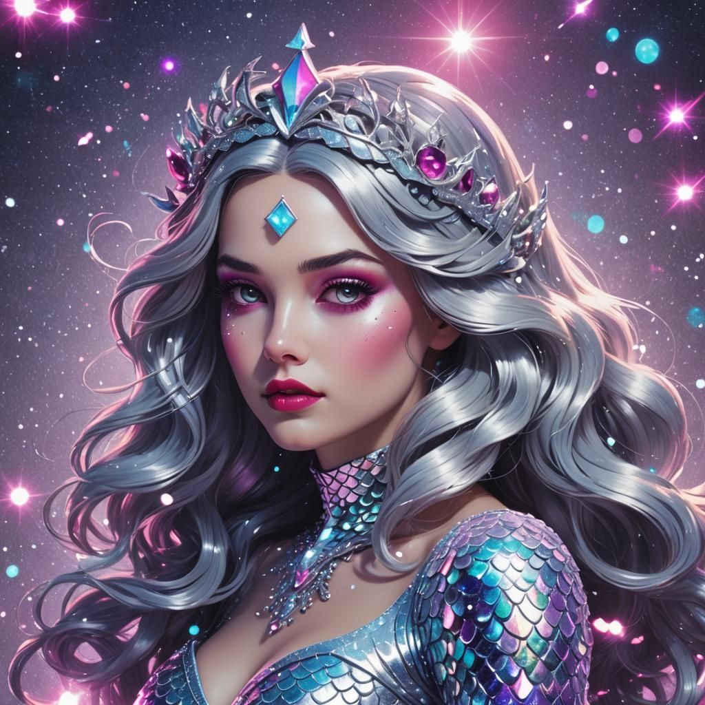 Snow White Space Mermaid in Synthwave Neon