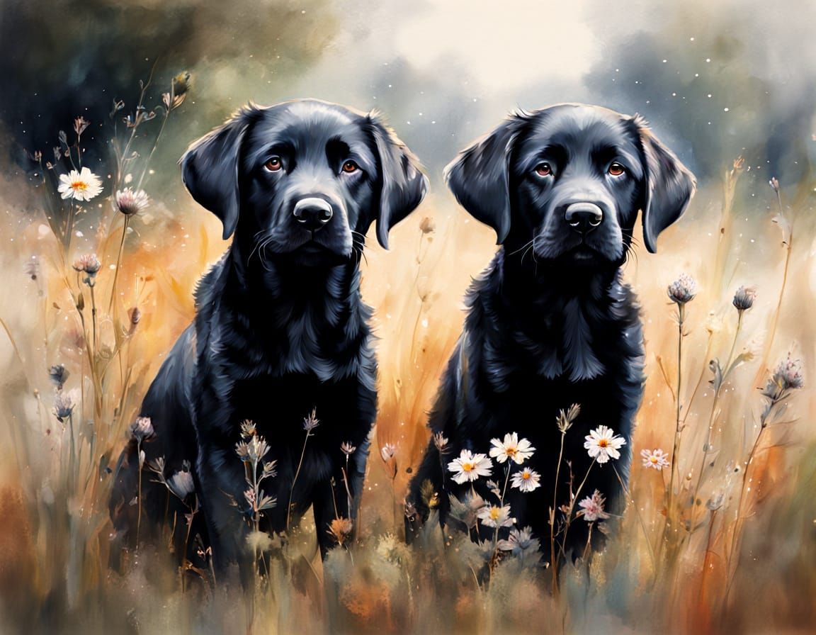 Labrador Puppies Play in Wildflower Meadow, Watercolour Pain...