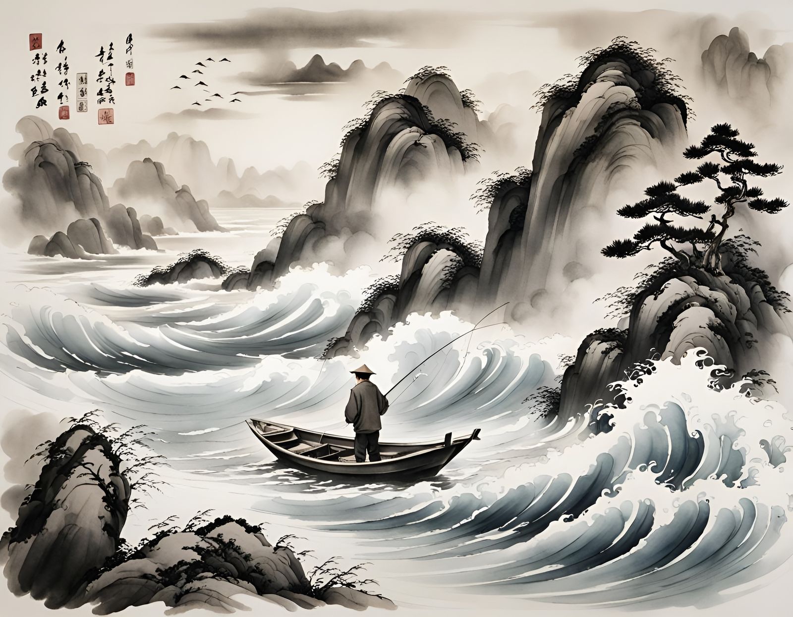 Ink Wash Painting: Fisherman Above Canvas