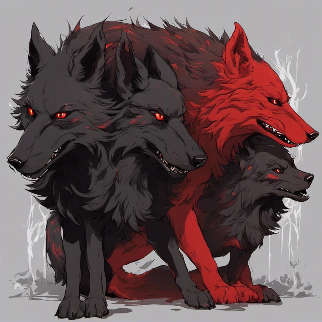 Three-Headed Wolf in Anime Style