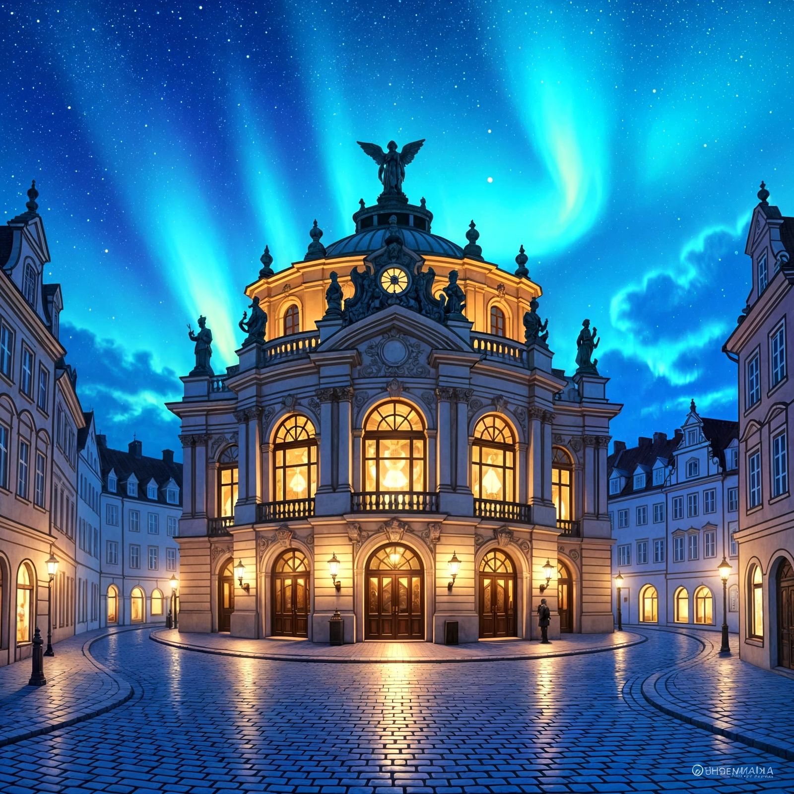 Cozy Rococo Opera Theater Under Aurora Borealis