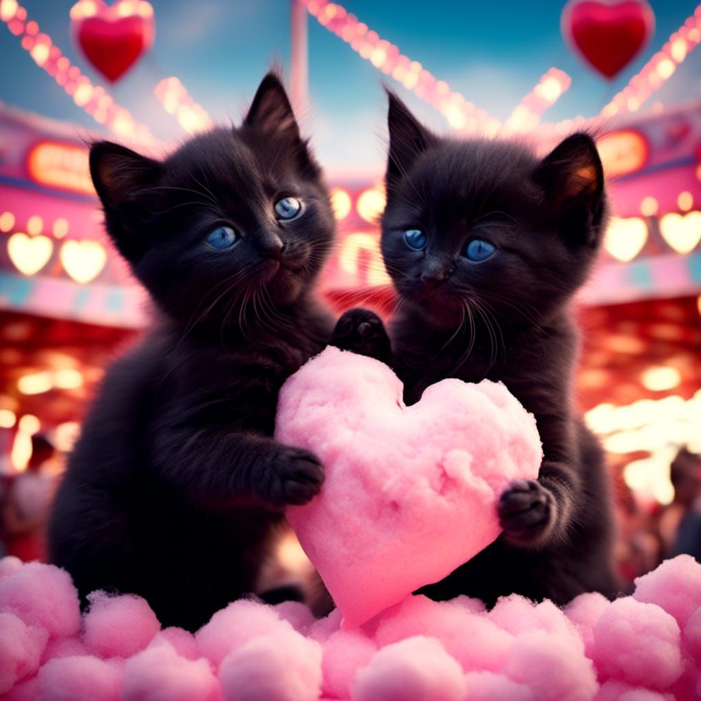 Fluffy Chibi Kittens Share Carnival Cotton Candy