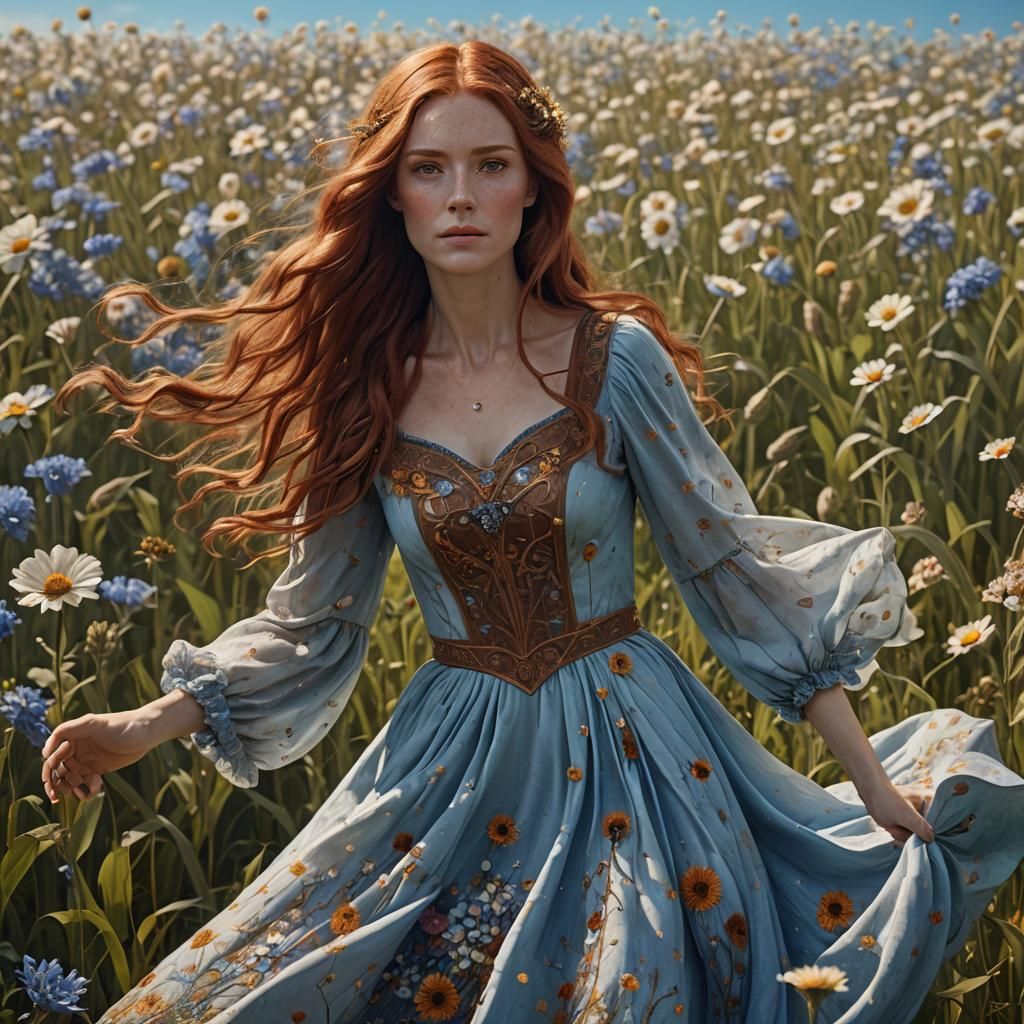 Woman in Floral Dress: Fantasy Concept Art