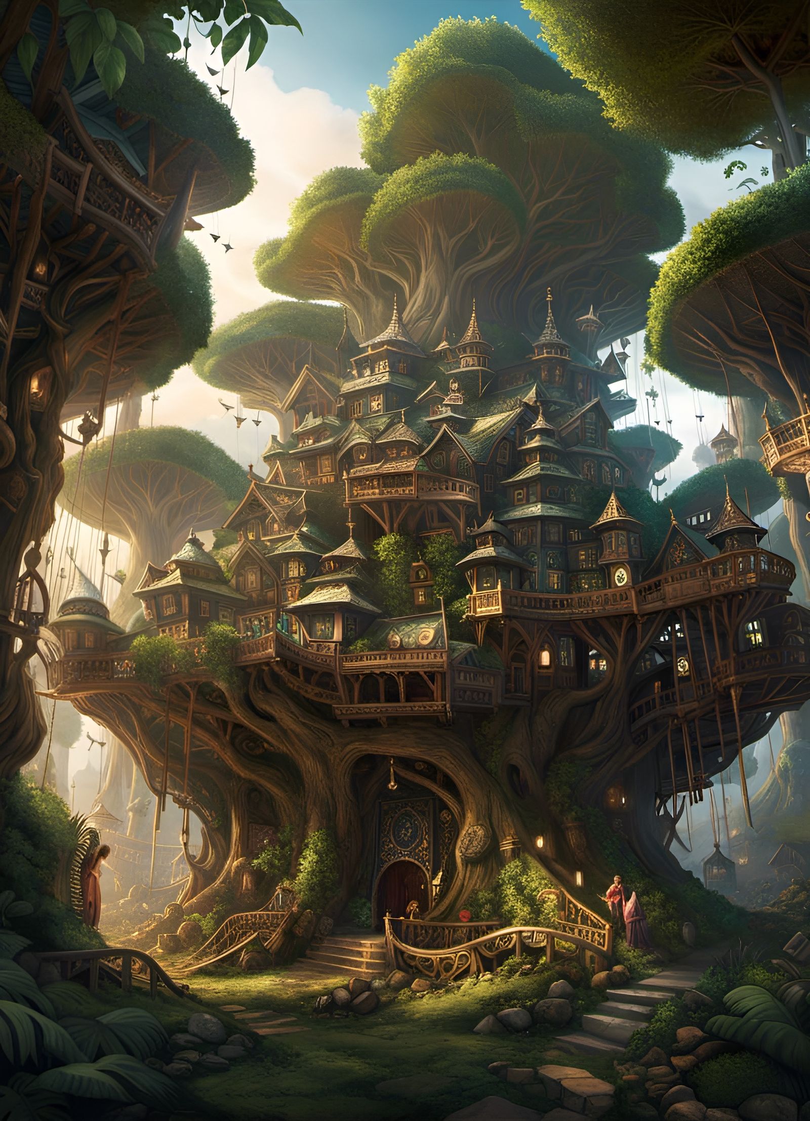 Intricate Fairy Village Inside Giant Banyan Tree