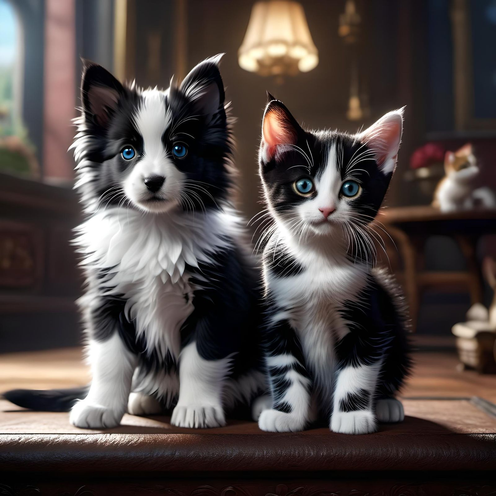 Tuxedo Kitten and Puppy Portrait in 8K