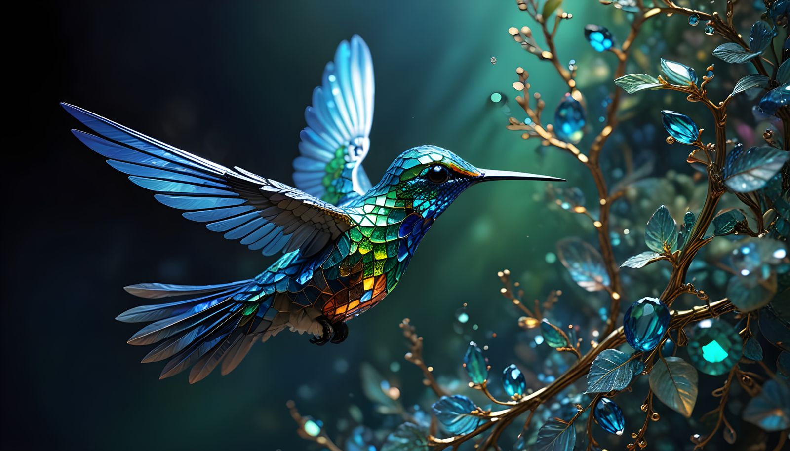 Gemstone Hummingbird Perched on Golden Twig