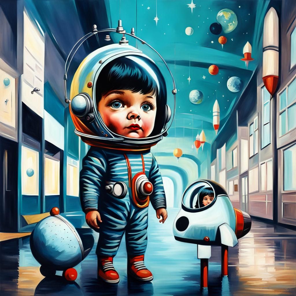 Magic Realism Retro, 1950s, Space Rocket, young girl, space helmet