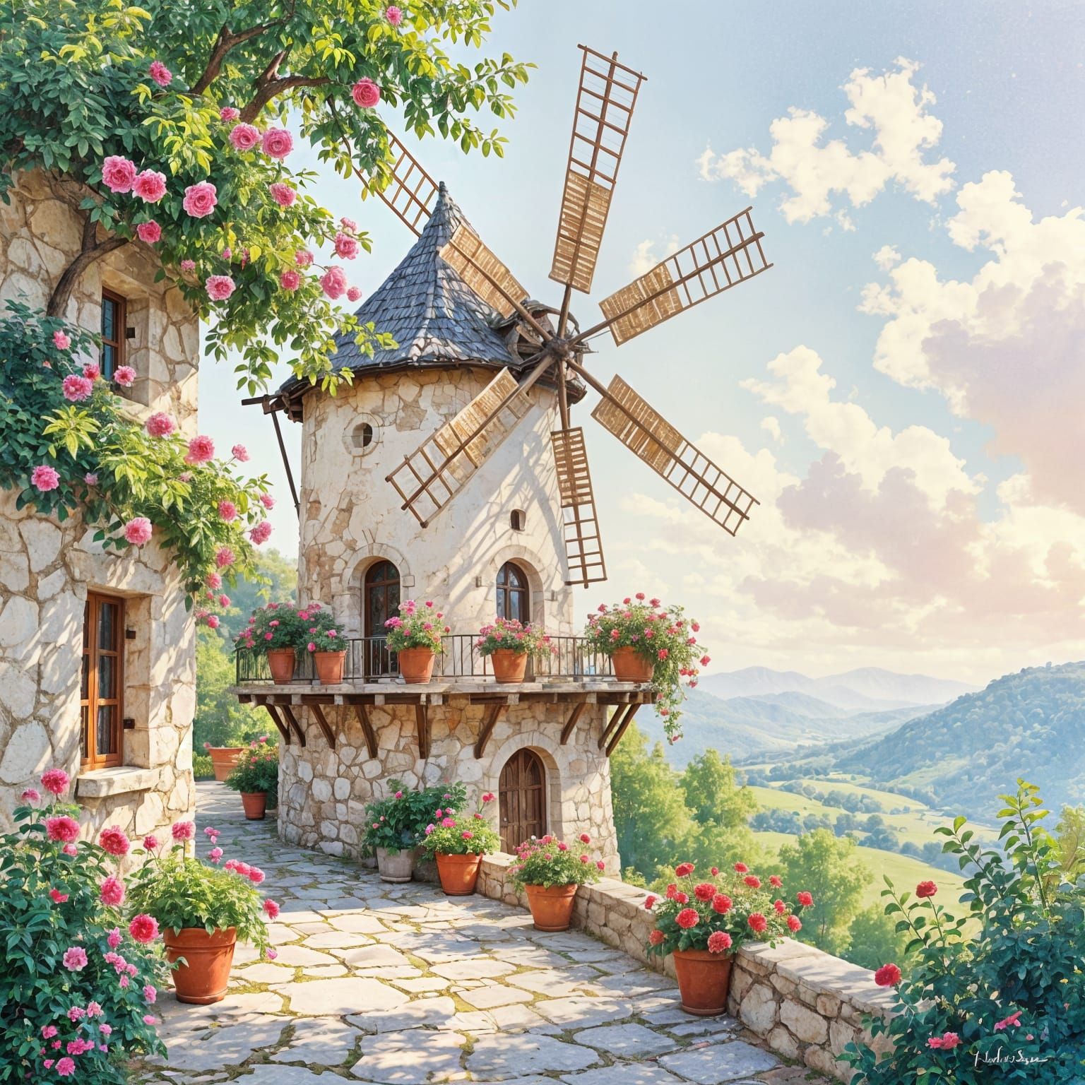 Enchanted Windmill with Roses in Watercolor Style