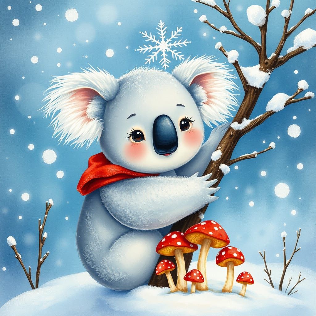 Winter Wonderland Koala Adorns Snowy Tree in 8k Matte Painti...