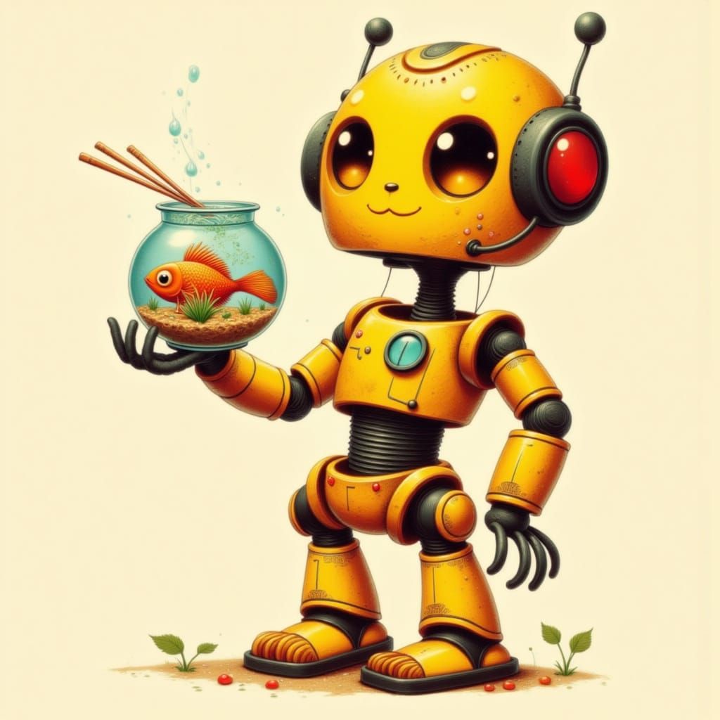 Cute Robot Holding a Fishbowl