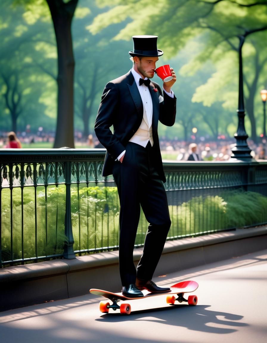 English Gentleman on Neon Skateboard in Central Park