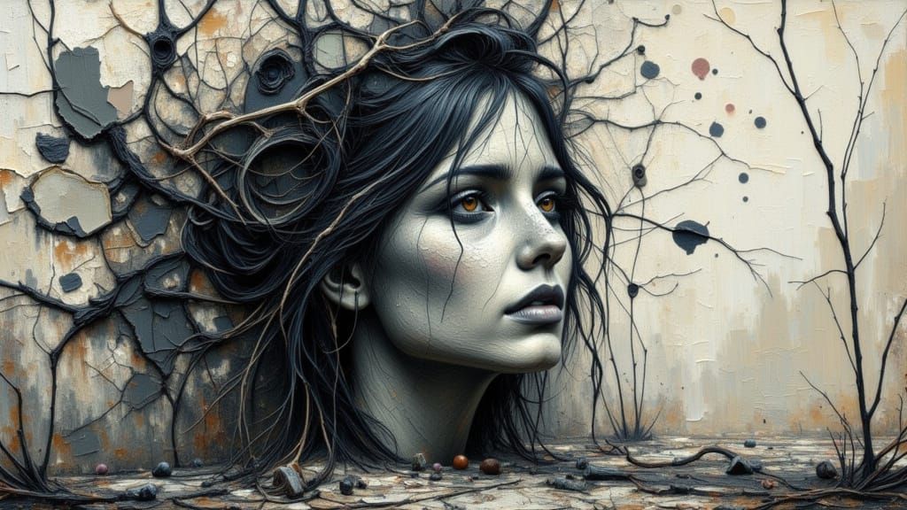 woman emerges from a cracked, ancient stone