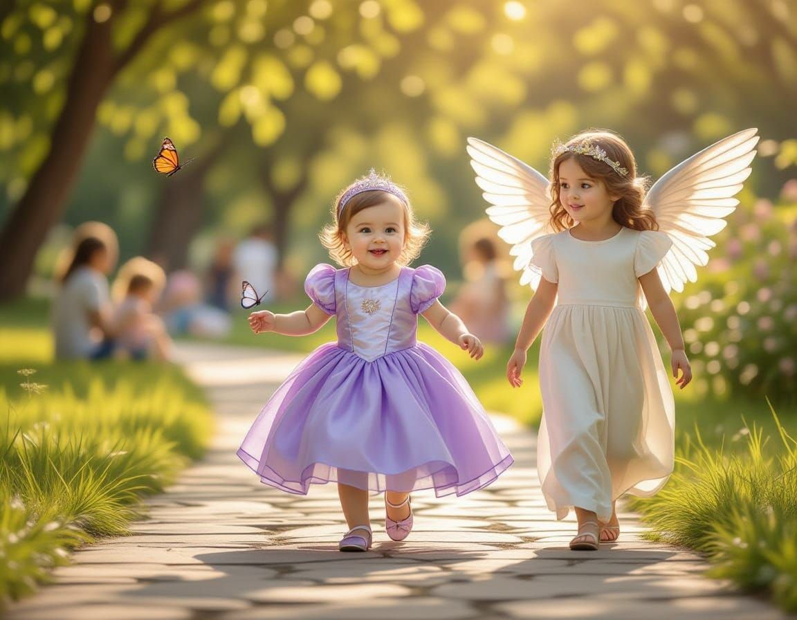 Joyful Baby Girl Chasing Butterfly in Sunlit Park