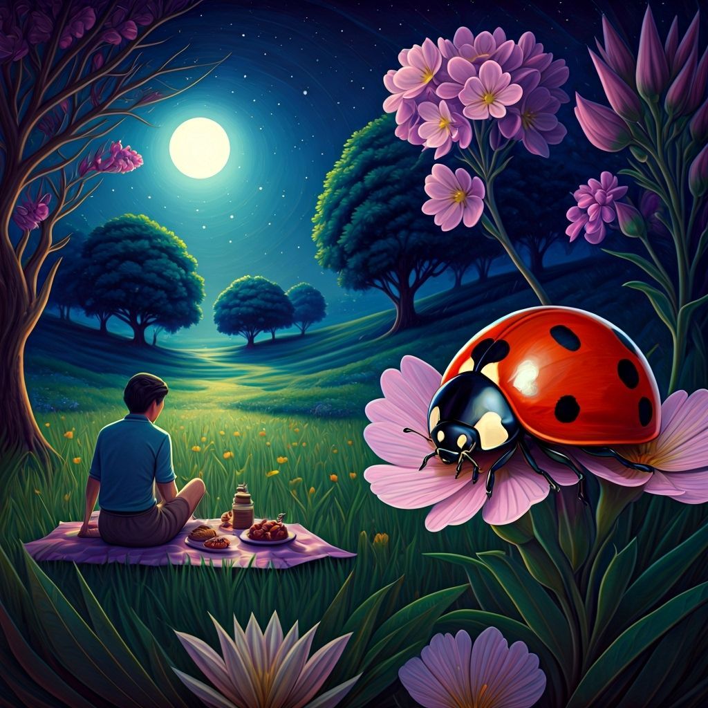 Ladybug and Picnic Under Moonlight: Psychedelic Illustration