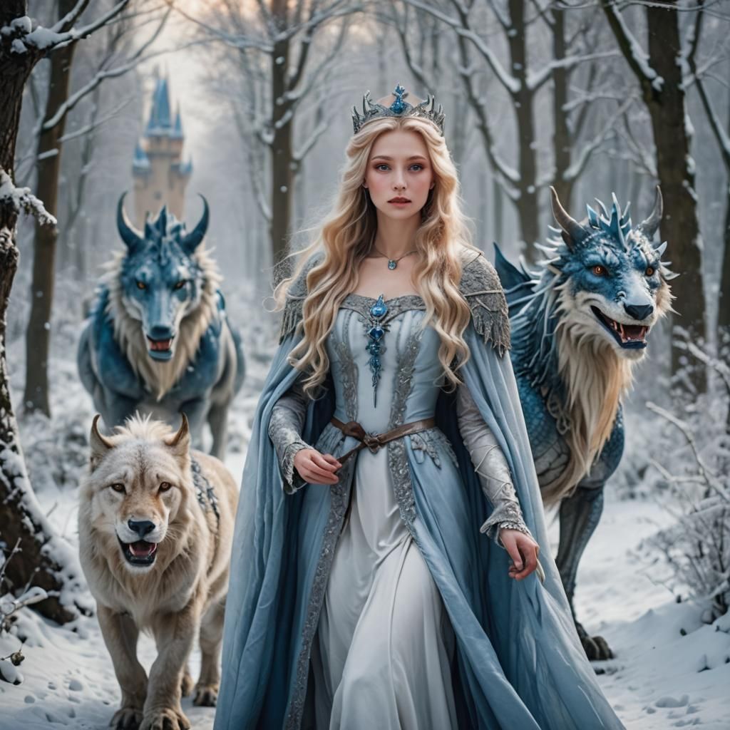 Medieval Snow Queen with Dragon in Snowy Forest