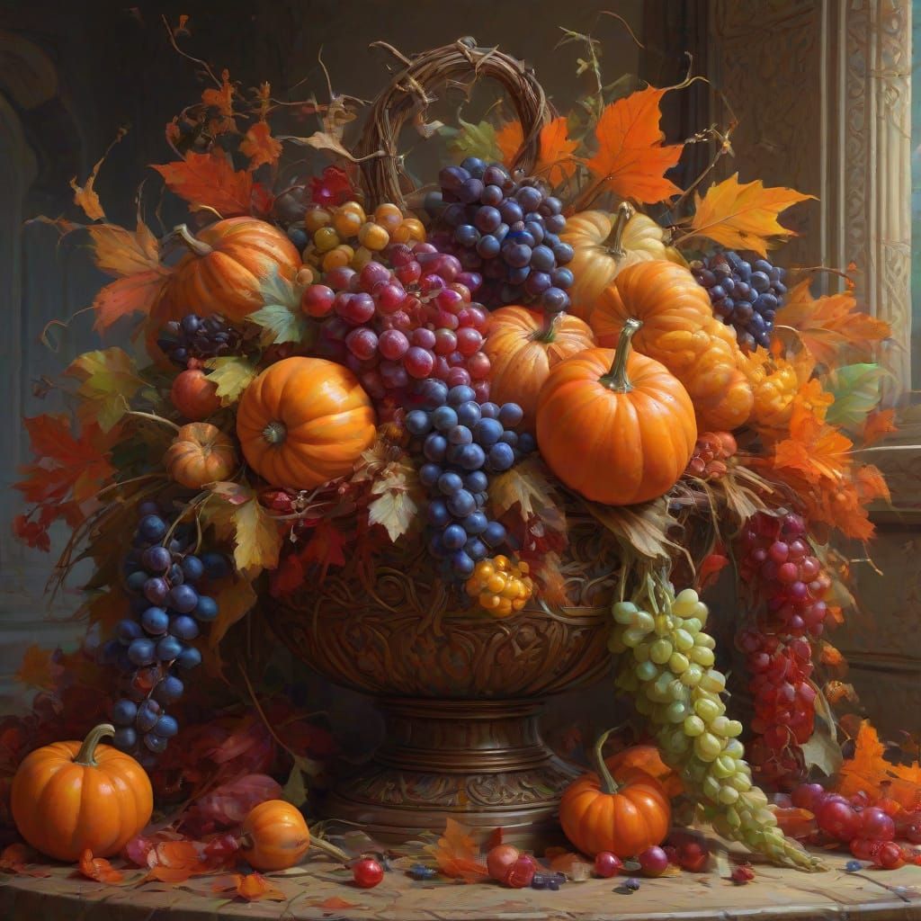 Mythical Cornucopia Overflowing with Autumn Harvest