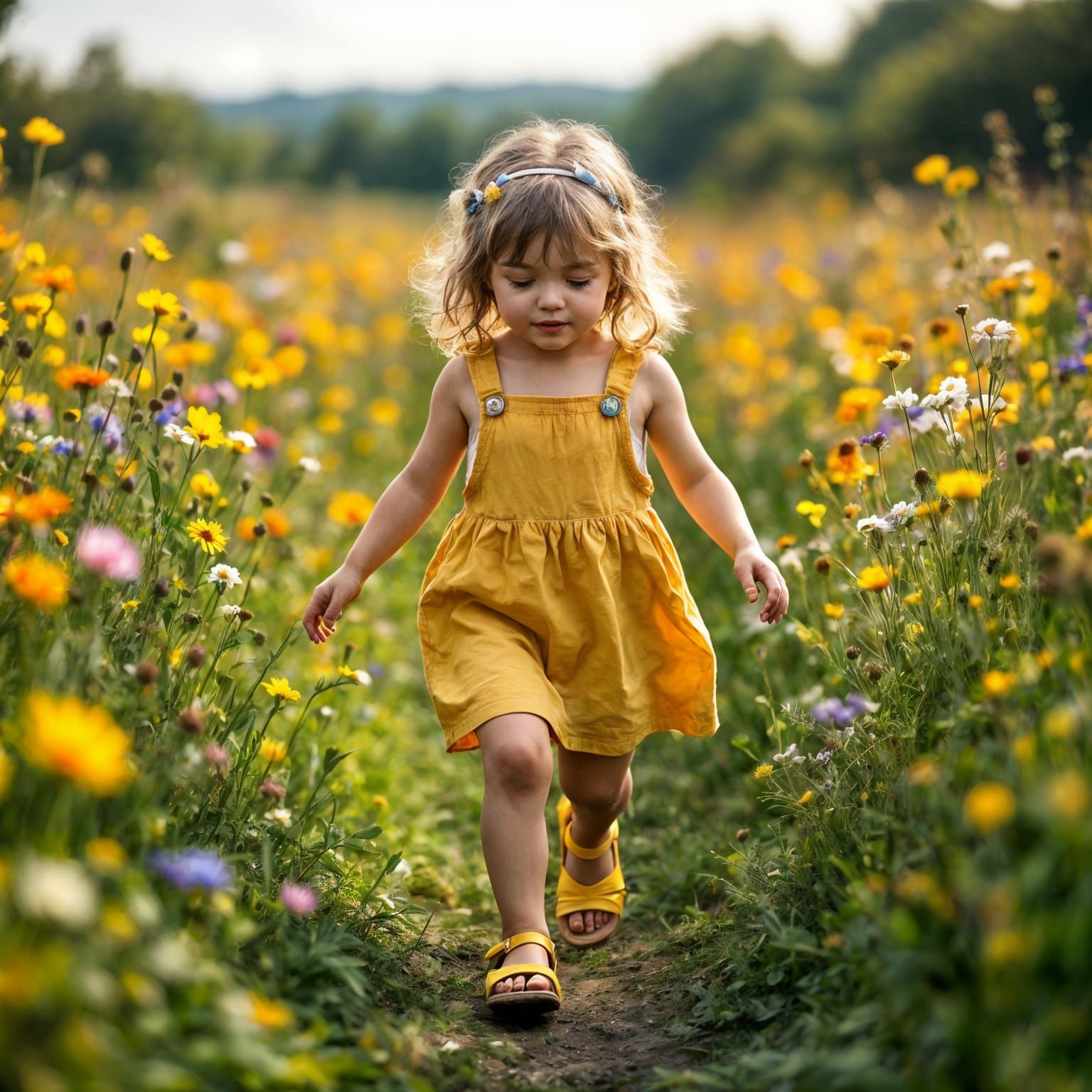 Little Girl Skipping Through Wildflower Field