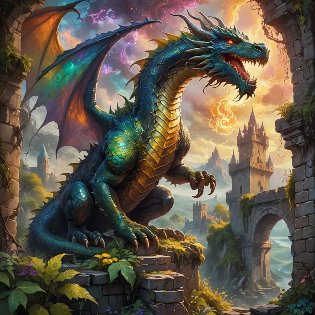 Mighty Dragon on Ancient Castle Wall