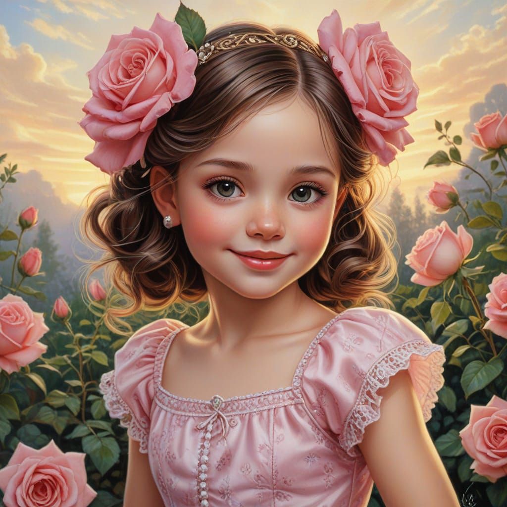 Girl with Roses in Golden Hour Light, Realistic Drawing Styl...