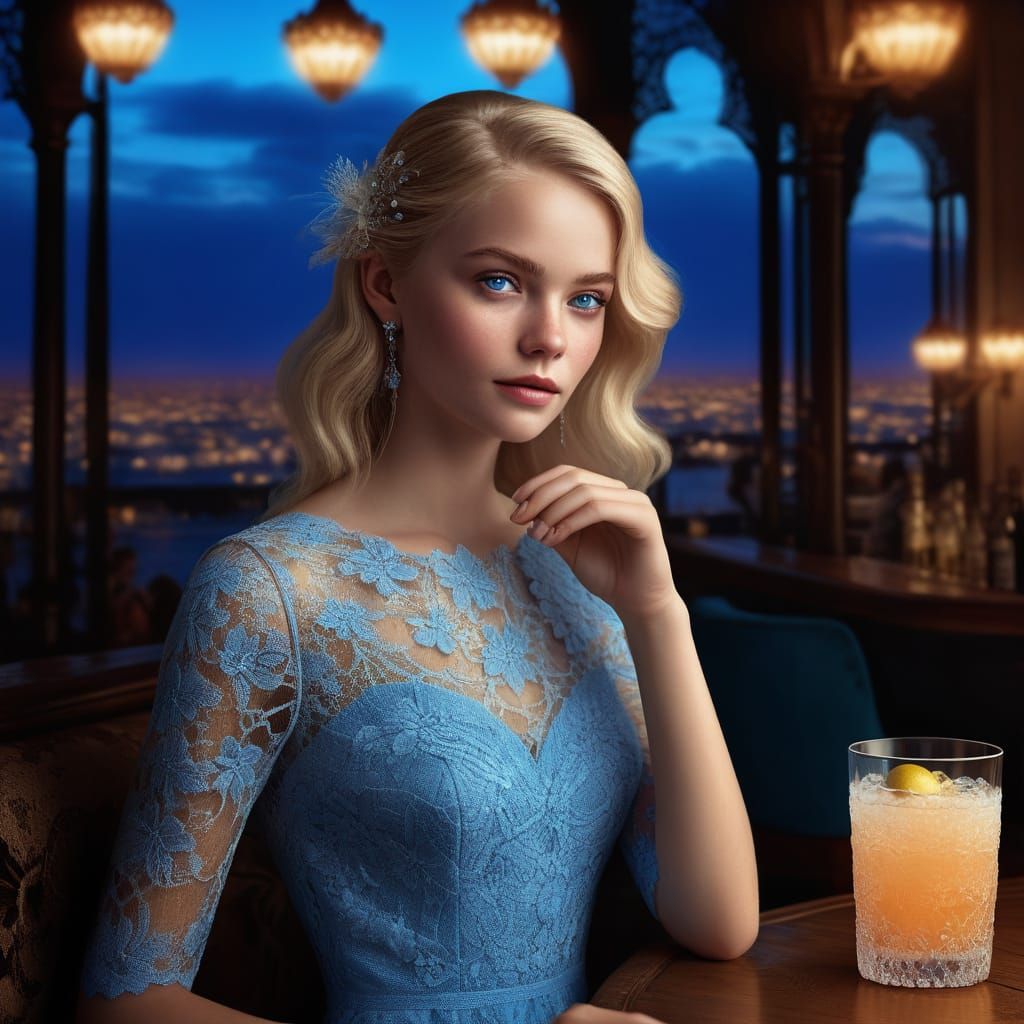 Blonde in Lace Dress: A Digital Art Cocktail Scene