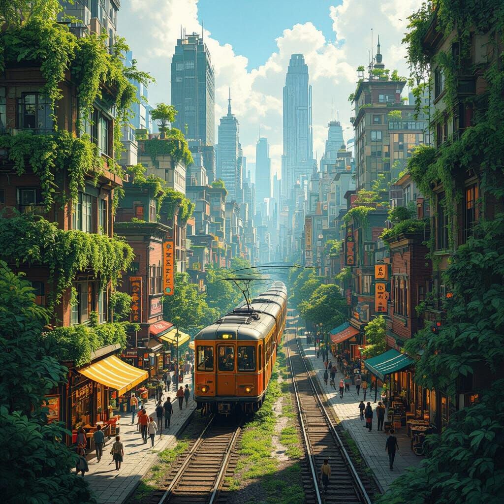Verdant Solarpunk Cityscape with Urban Wildlife