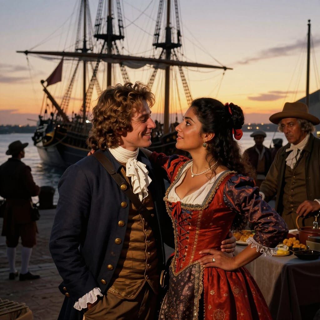 18th Century Sailor Flirts with Spanish Woman at Dusk Port