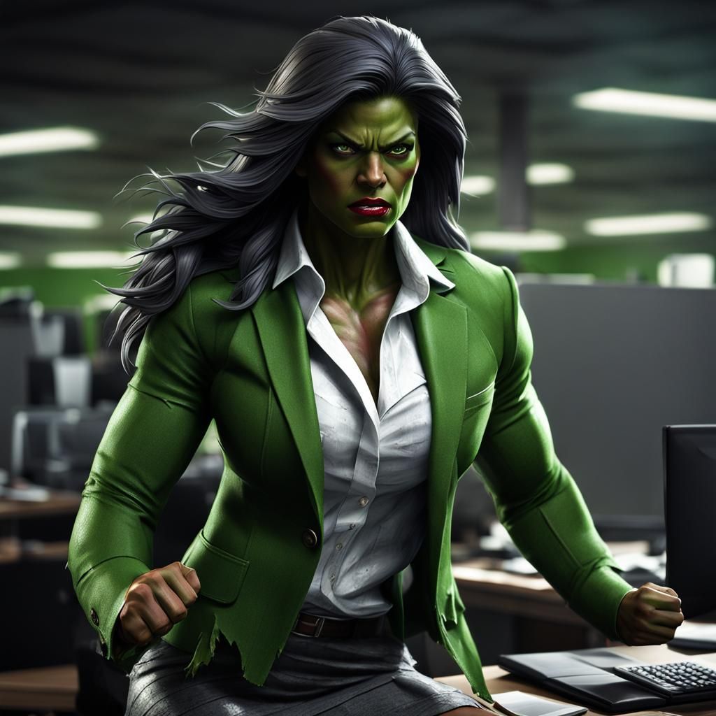 She-Hulk at the Office: Hyperrealistic Photorealistic Render