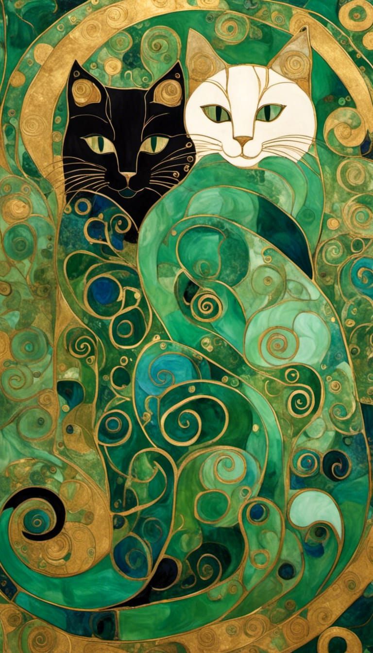 <lora:Klimt Craft:1.0> A pair of cats curled up together, on...