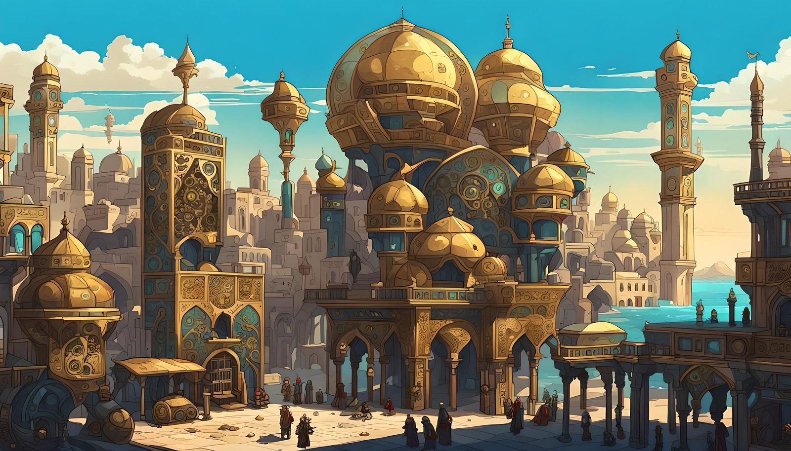 Magipunk City with Golden Middle Eastern Architecture