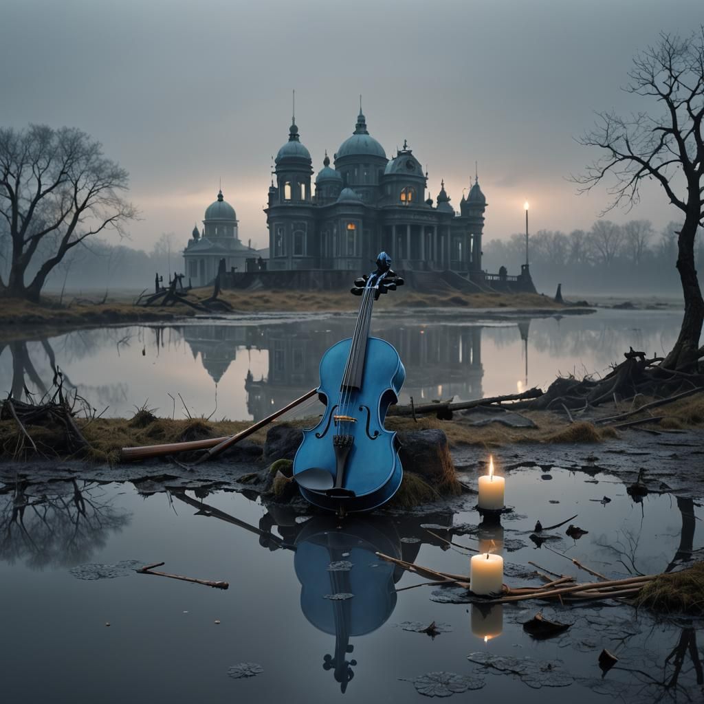 Blue Wax Violin on Foggy Moor in Jugendstil Style