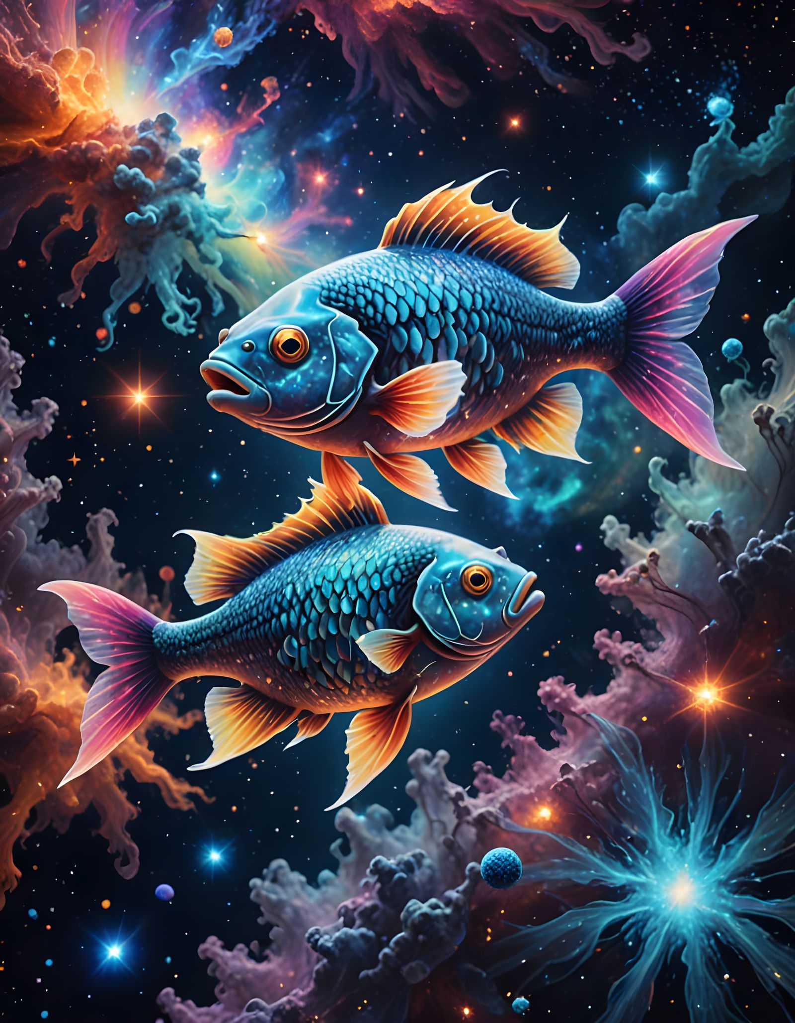 Cosmic Fishes in Vibrant Hyperrealistic Style