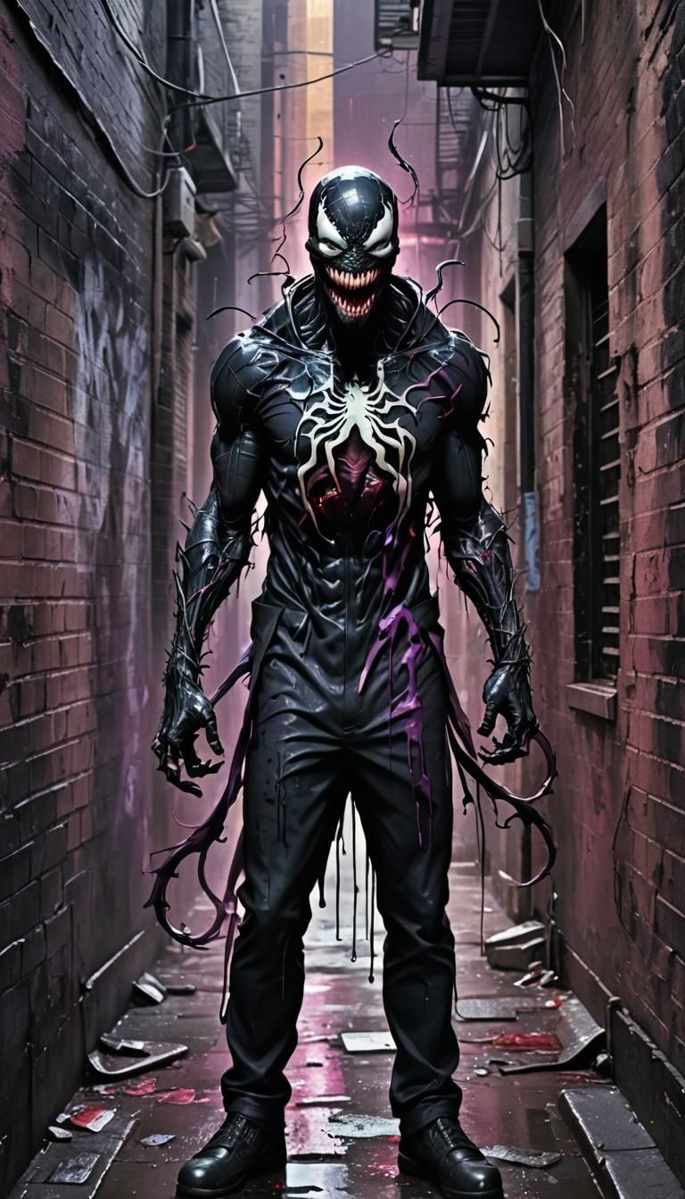 Grotesque Anti-Hero with Symbiote in Dark Alleyway