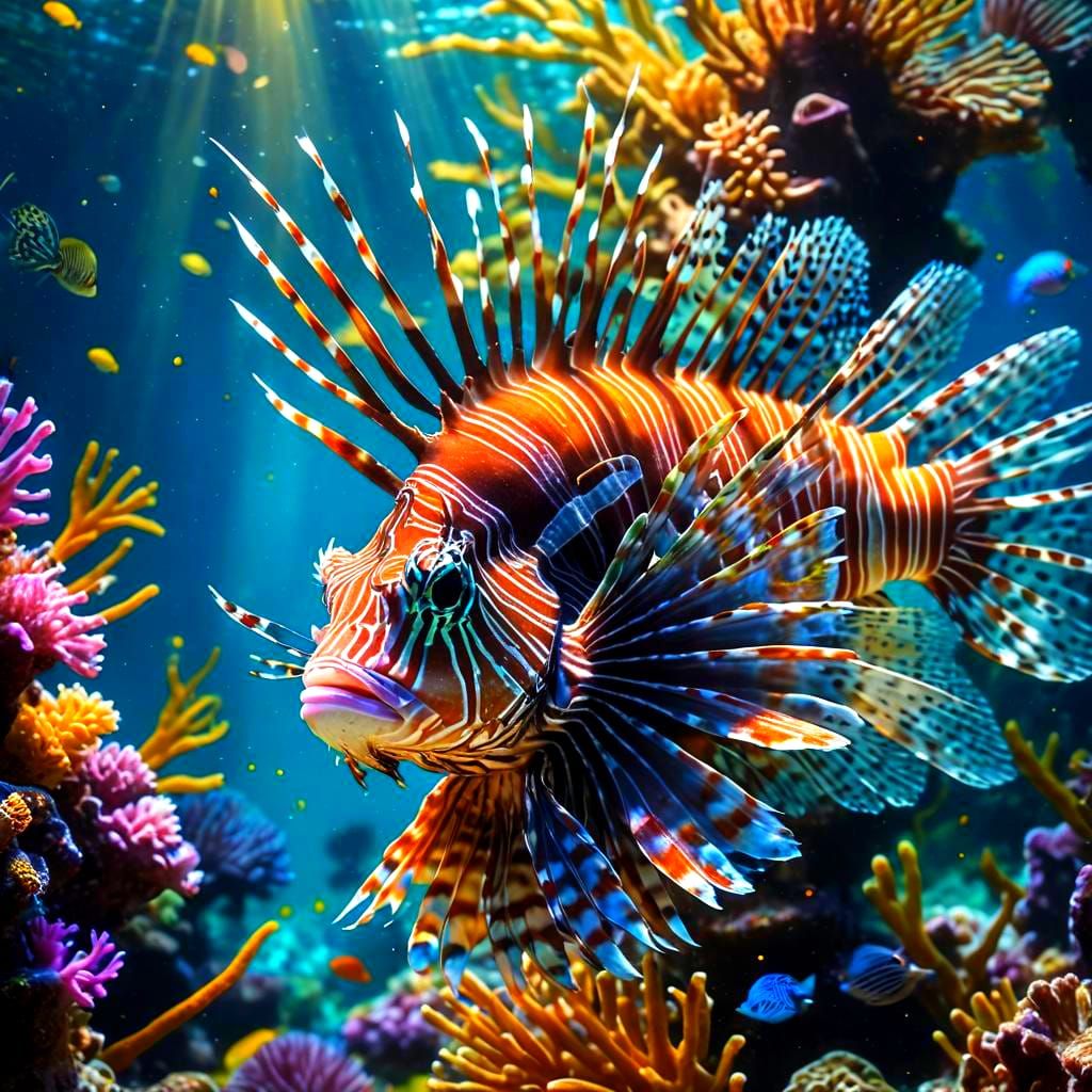 Colorful Lionfish in Enchanted Coral Reef: Surreal Oil Paint...