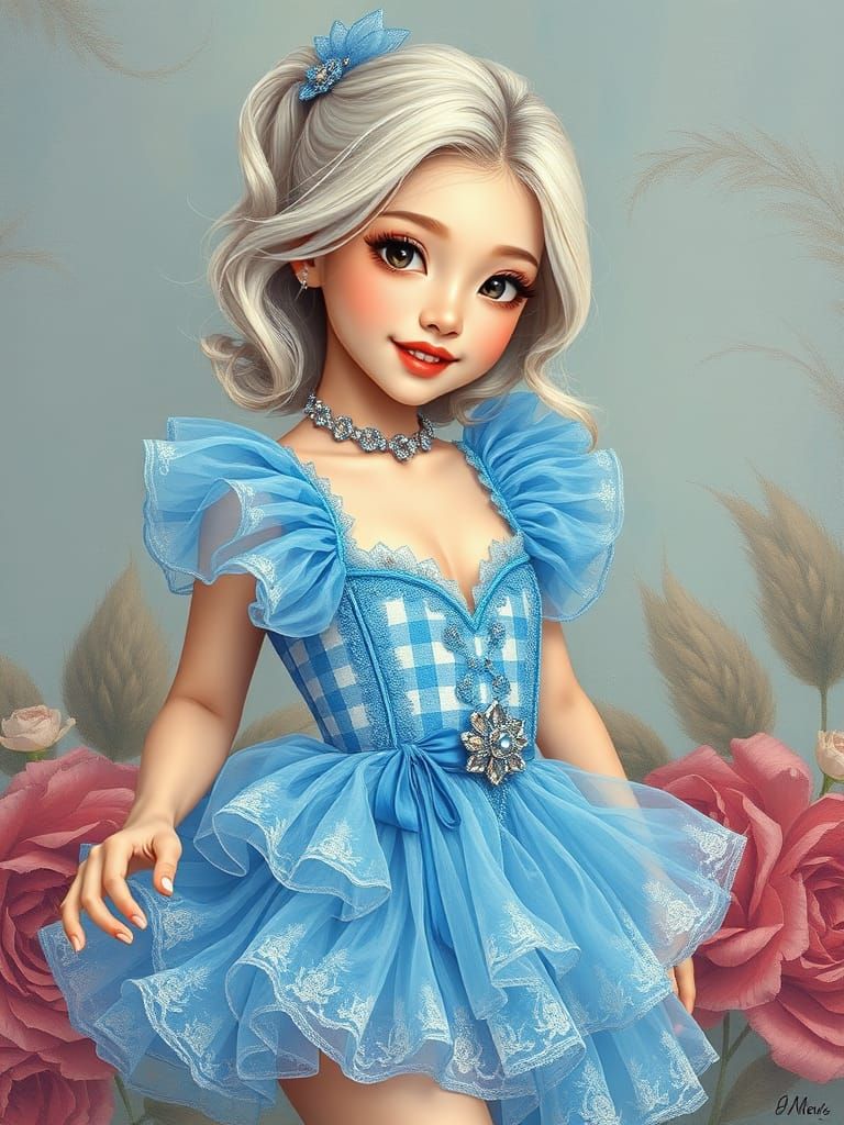 Anime-Inspired K-Pop Idol Girl in Vibrant Gingham Tutu