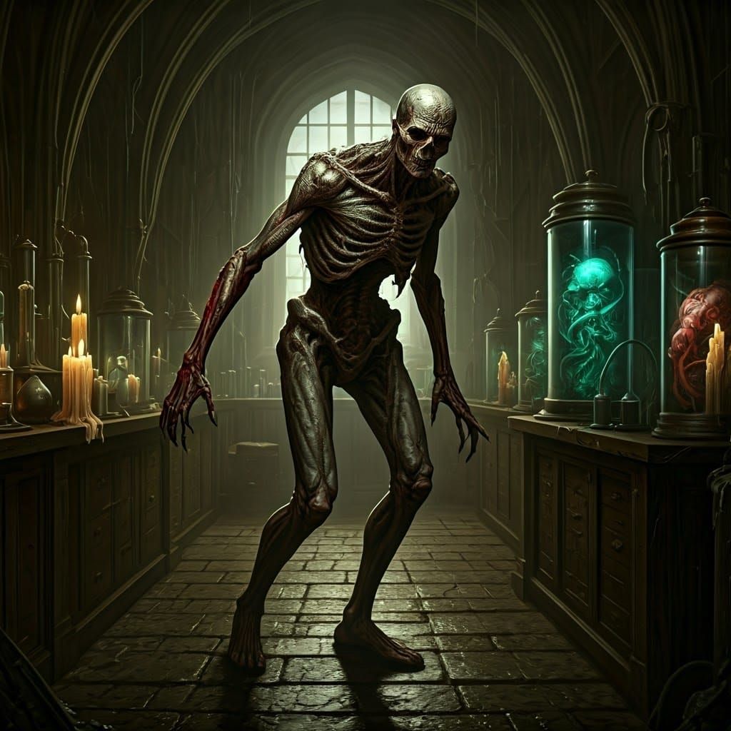 Grotesque Abomination in Dark, Dimly Lit Laboratory