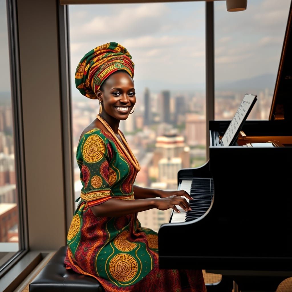 African Woman Plays Piano in Modern Loft with City View