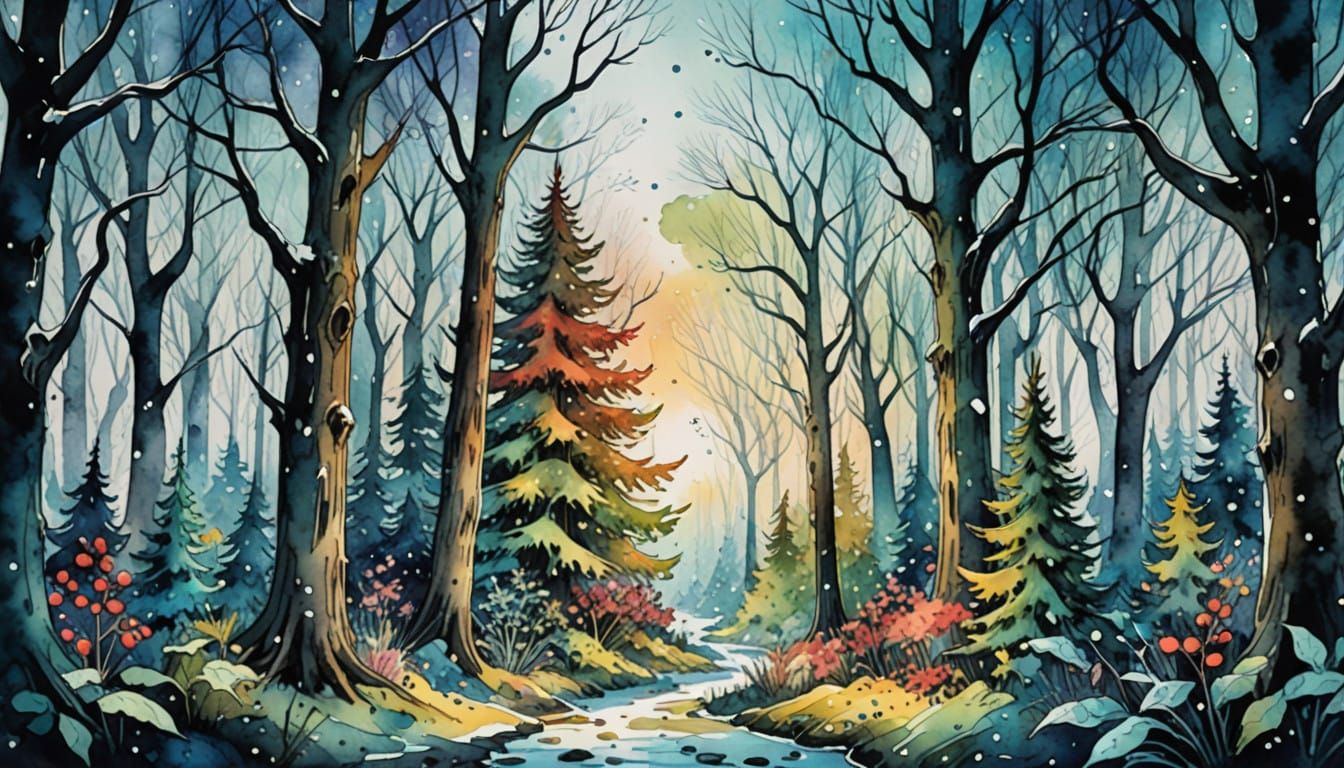 Christmas Forest Masterpiece in Vibrant Watercolor