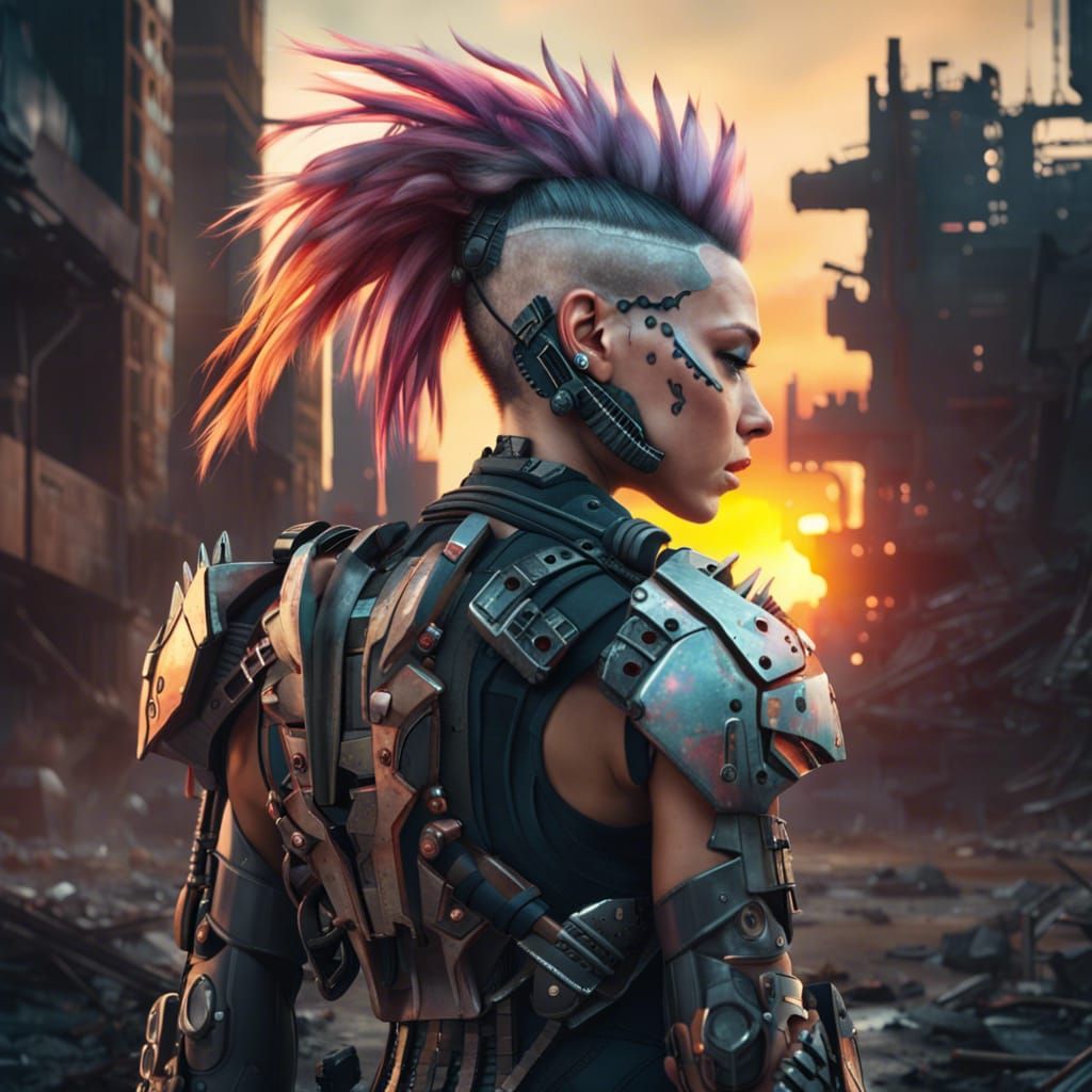 Cyborg Girl in Post-Apocalyptic Sunset, Digital Art