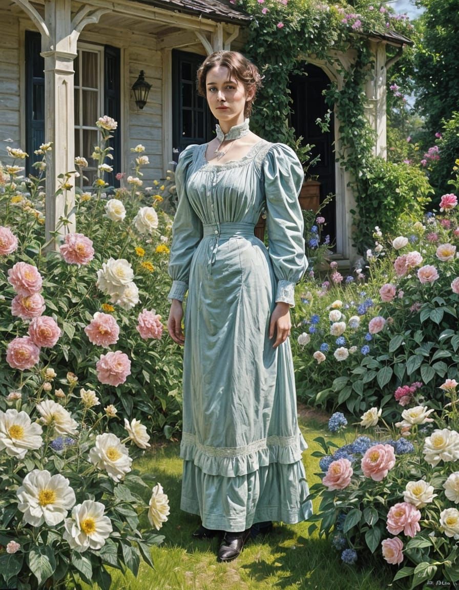 Edwardian Woman in Cottage Garden, Oil Painting
