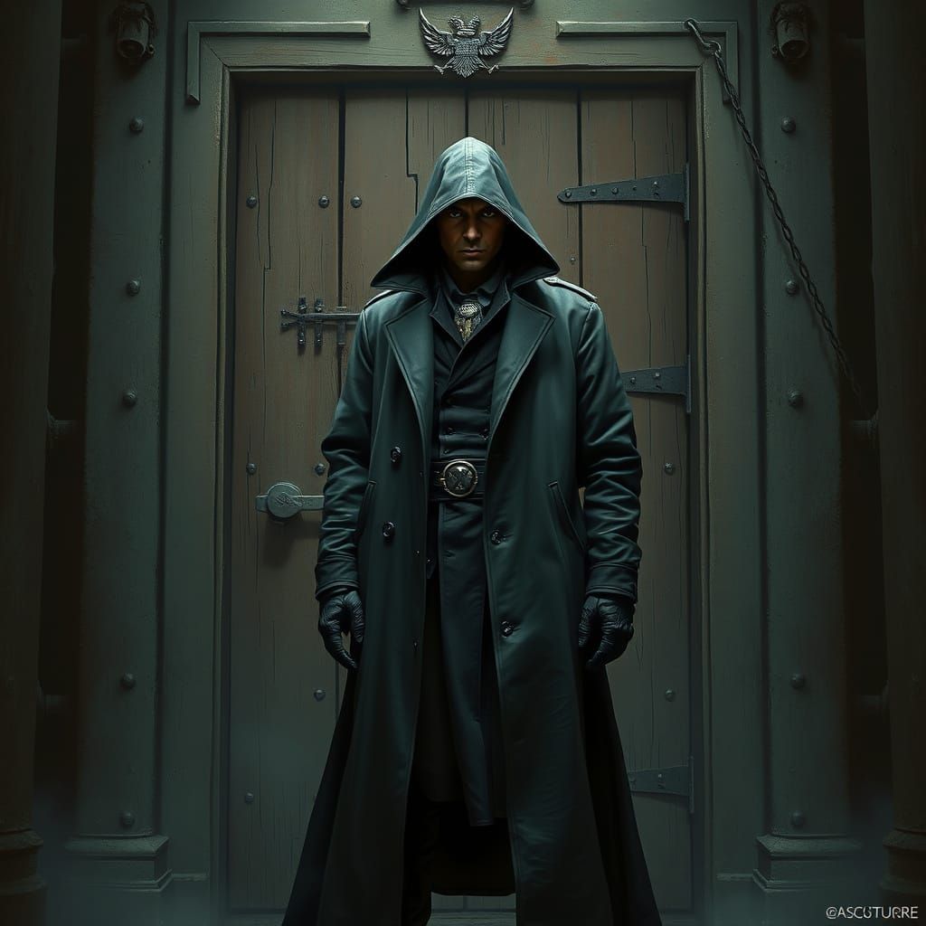 Mysterious Guardian at Old Door in Dystopian Style