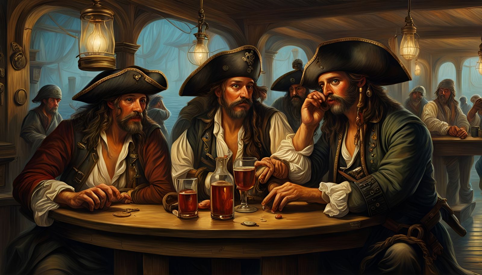 Pirates Drinking Rum in Hyperrealistic Oil Painting