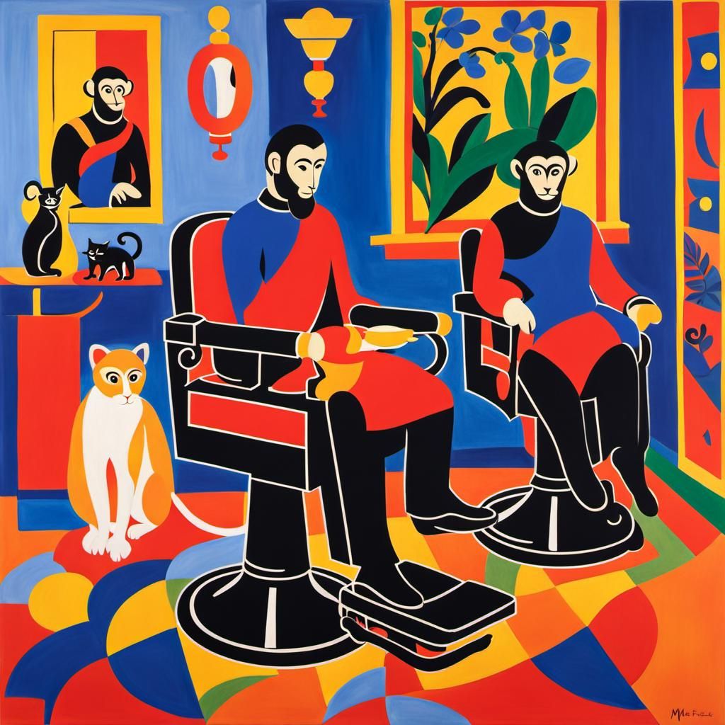 Barber Shop with Monkeys and Cats, Fauvist Style