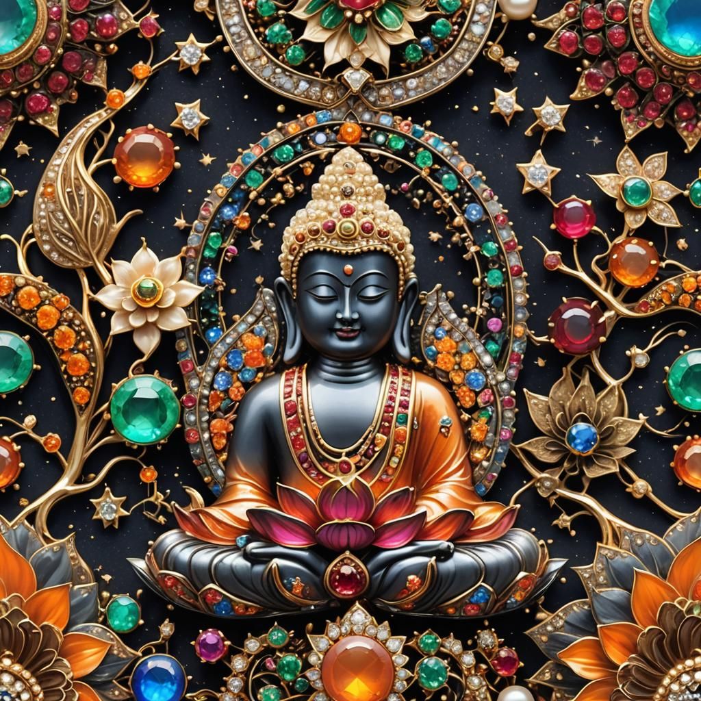 Ornate Buddha Brooch with Gems and Hindu Forest