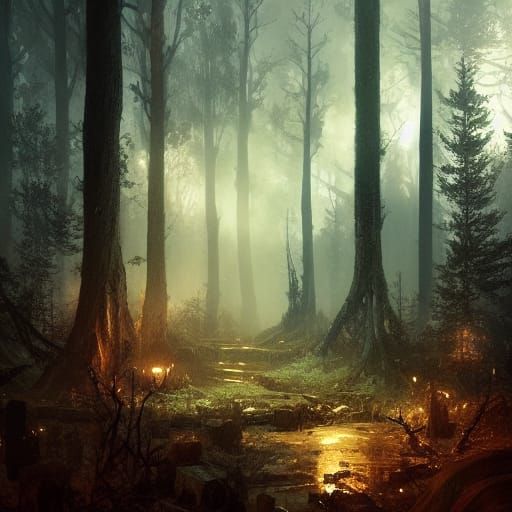Enchanted Runes Illuminate Post-Apocalyptic Forest